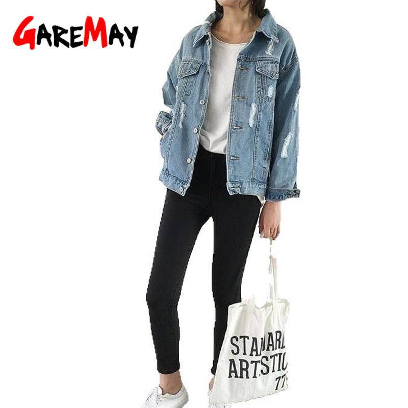 Women Basic Coat Denim Jacket Winter For Jeans ripped Frayed Lady Loose plus size 210428
