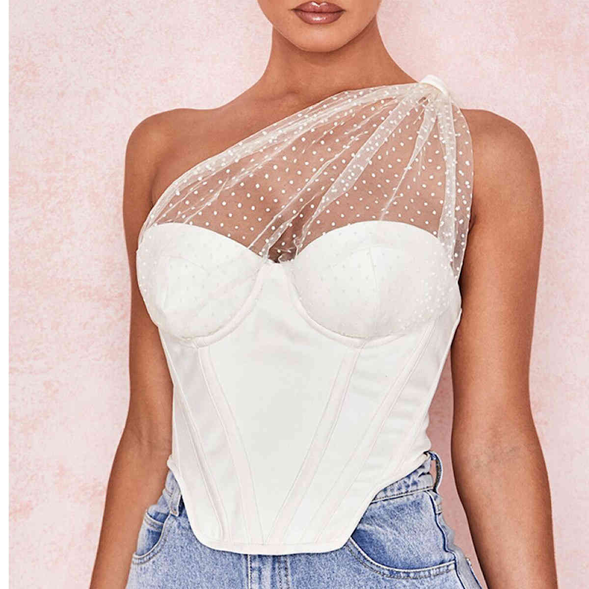 Women Crop Top Mesh Patchwork Perspective Sexy s Asymmetry White Off Shoulder Fashion 210524