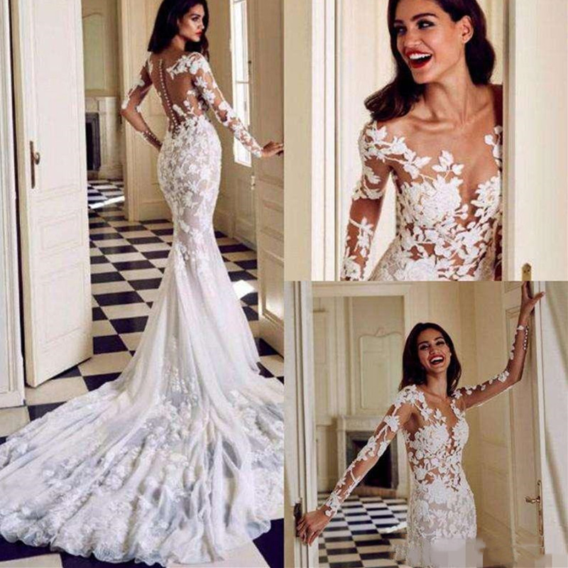 Modern Long Sleeve Mermaid Wedding Dresses New Romantic Gorgeous Appliques Lace Princess Bridal Gown Custom Made Appliques See Through