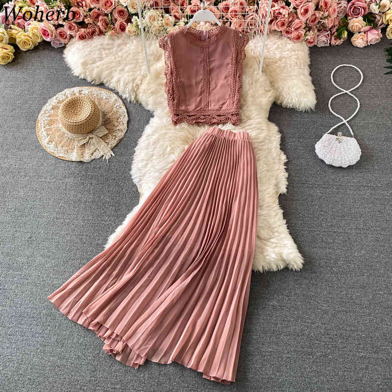Summer Women 2 Piece Set Solid Tank Chiffon Lace Blouse+High Waist Pleated Skirts Beach Style Fashion Korean Outfits 210519