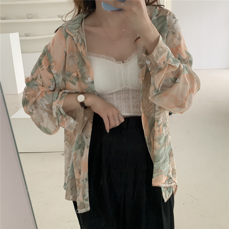 Chic Fashion Florals Printed Fresh Sunscreen Korean Loose Long Sleeve OL Basic Blouses All Match Leisure Shirts 210421