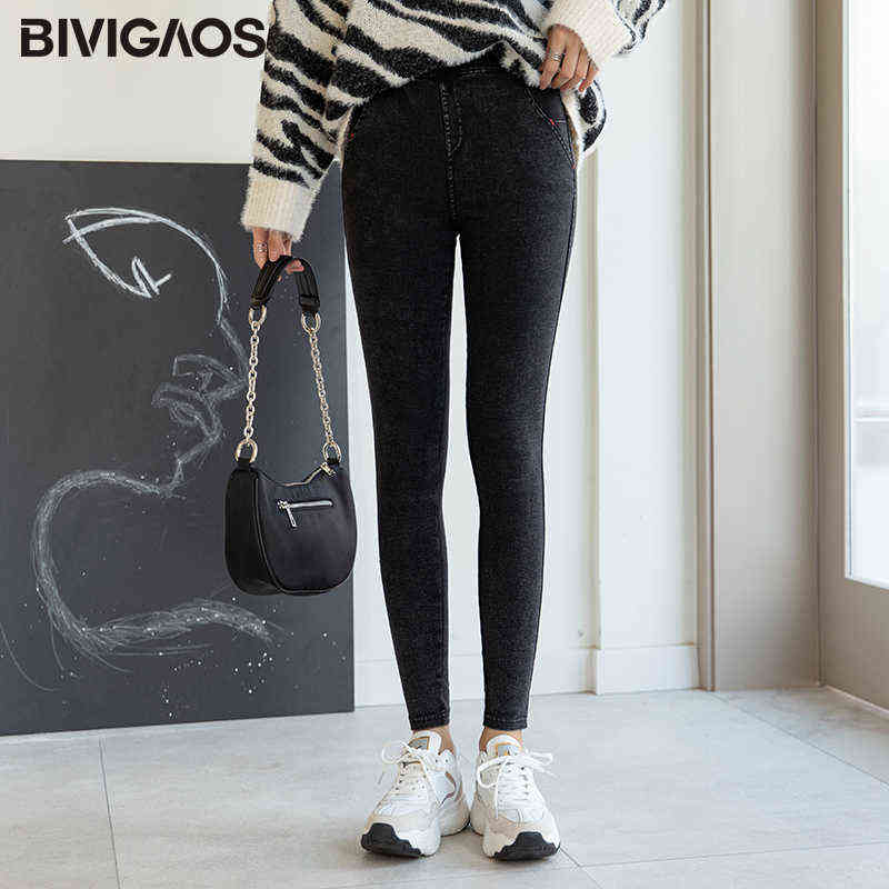 BIVIGAOS Women Jeans Pencil Pants Sand Washed Stretch Jeans Leggings Korean Pocket Red Line Leggings Magic Black Gray Jeggings 211112