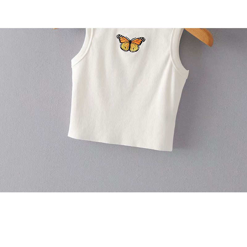 Butterfly Embroidered Word Exposed Navel Chic Women's T-shirt Round Neck Embroidered Skinny Ribbed Sleeveless Female Tops 210507