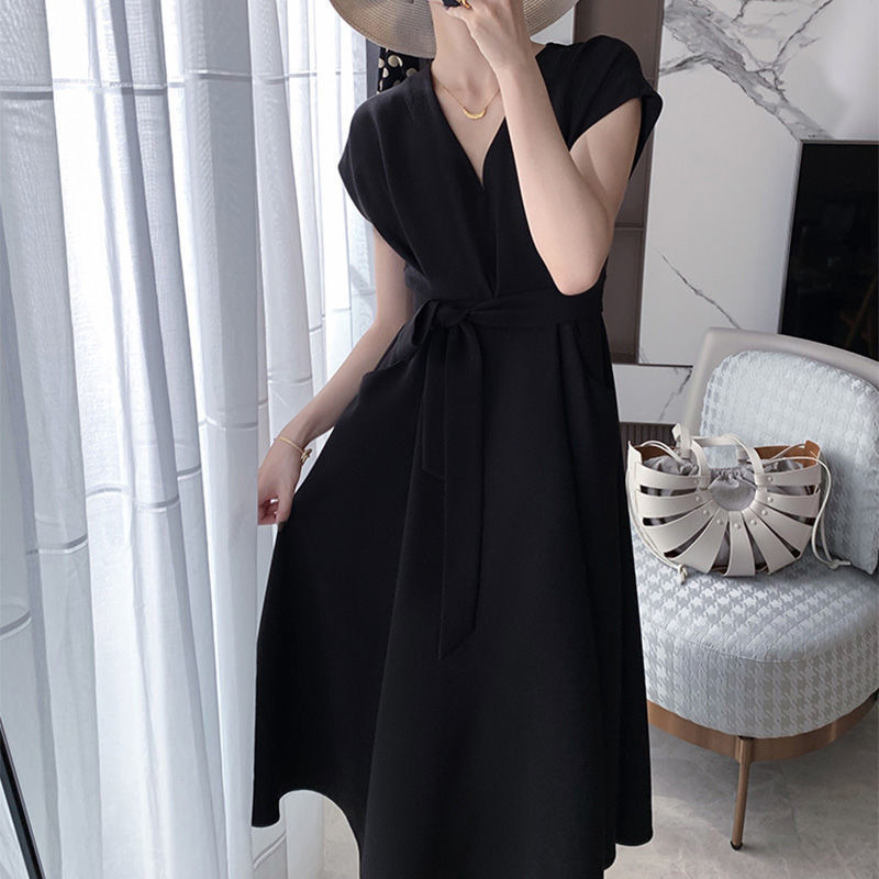 Elegant Slim Dress Women V-neck Short Sleeve Casual Midi Dress Office Lady Dress Korean Evening Party Summer Chic 210521