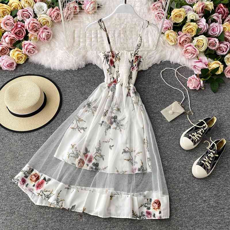 OCEANLOVE Summer Dress Floral Beach Style Mesh Chiffon Vestidos Moda Coreana Elegant Robes Sexy Vinatge Dresses Women 17160 210331Z