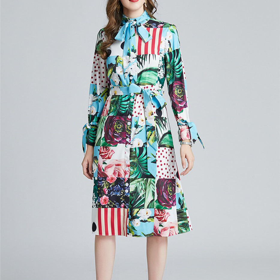 spring summer arrival green rose flower bow collar long sleeve midi dress for women lady causal daily dresses 210421