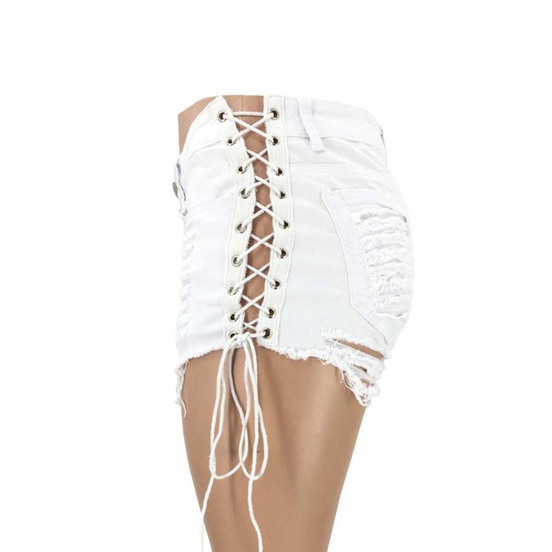 Hole Woman Denim Shorts Casual Summer Tether Side Hollow Jeans Plus Size Sexy Streetwear Brushed Hem Short Pants Women's