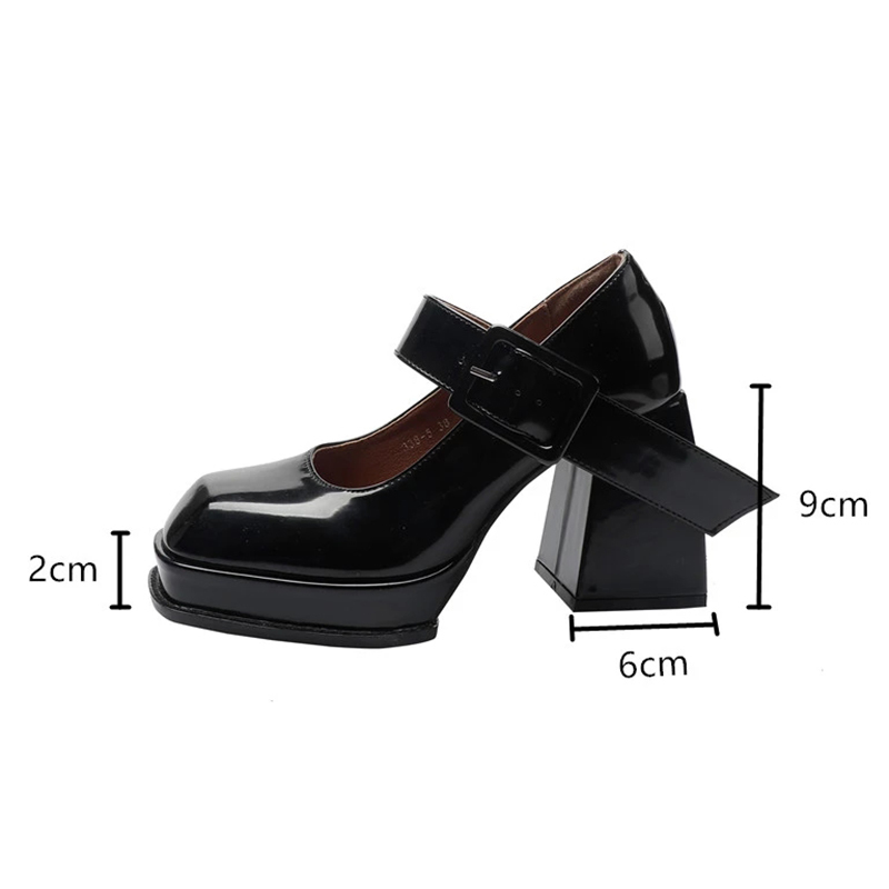 Rimocy Fashion Square Toe Mary Jane Platform Shoes Women Black Ankle Strap High Heels Pumps Woman Patent Leather Chunky Shoes 210408