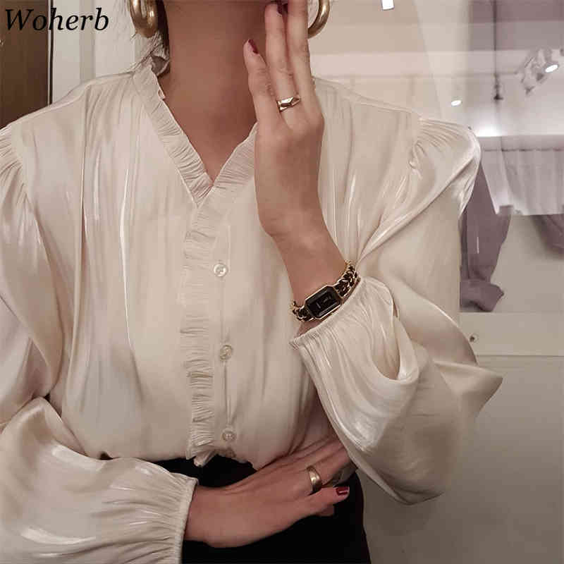 Women Casual Blouse Spring Summer Ruffle V-neck Puff Sleeve Luster Apricot Shirts Woman Fashion Korean Chic Tops Blusas 210519