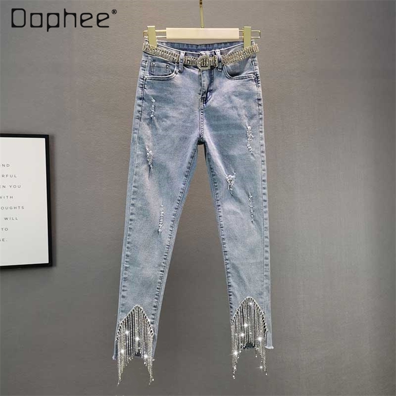 Spring Women's Cotton Elastic High Waist Irregular Tassel Denim Pants Hole Ripped Ankle Length Jeans 210708, Blue
Spring Women's Cotton Elastic High Waist Irregular Tassel Denim Pants Hole Ripped Ankle Length Jeans 210708, Blue