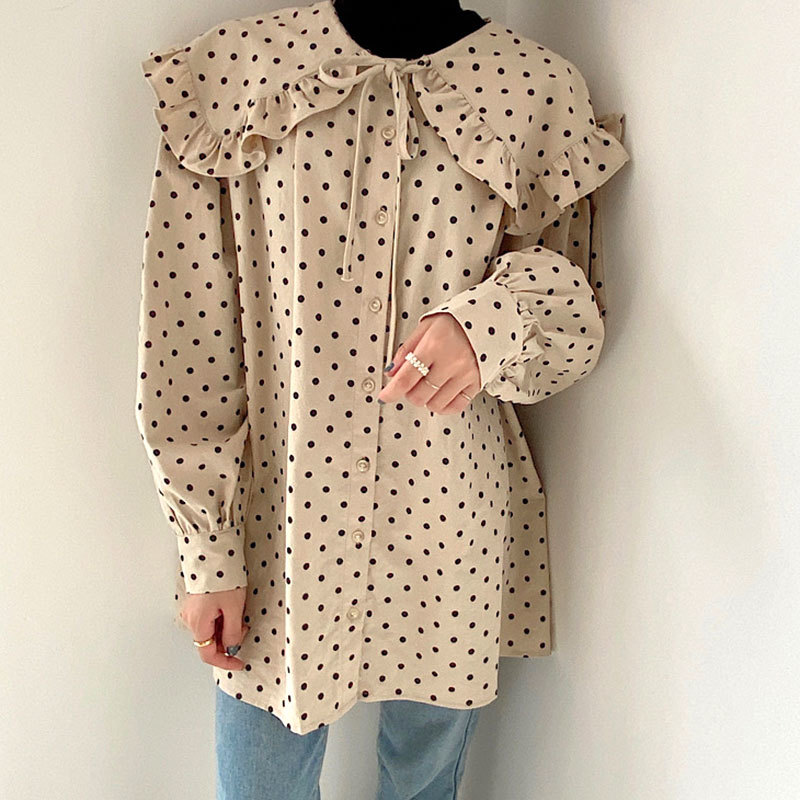 Nomikuma Korean Dot Women Doll Shirt Sweet Bow Tie Peter Pan Collar Blouse New Puff Long Sleeve Causal Blusas Femme 6D181 210427