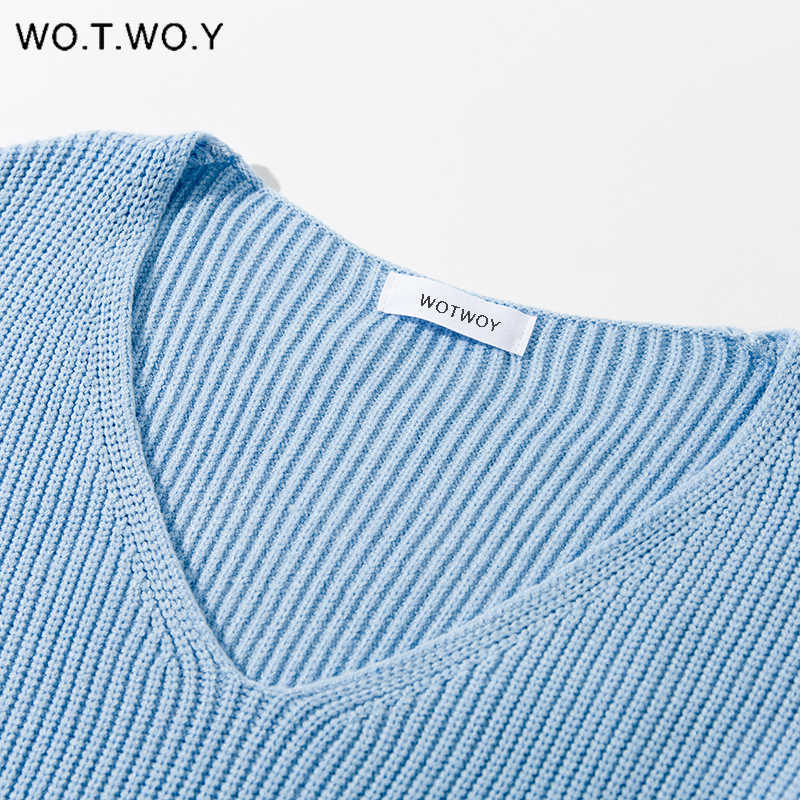 WOTWOY V-neck Knitted Oversized Sweater Autumn Winter Long Sleeve Basic Sweater White Casual Loose Pullovers Female 210914