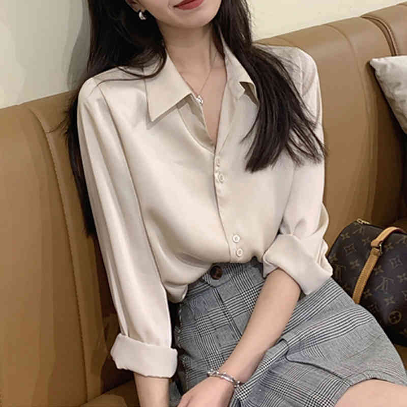 French Fashion Vintage Blouse Silk Satin Shirts Long Sleeve Women Ladies Tops Solid 4 Colors Lapel Women's 11045 210427