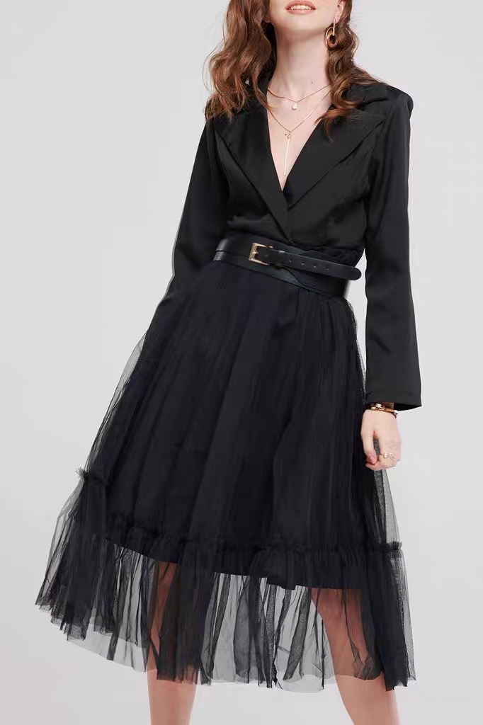 Autumn Women Midi Blazer Dress Runway Black Patchwork Mesh Noeched Collar Elegant Long Sleeve Slim Belt navid 210421