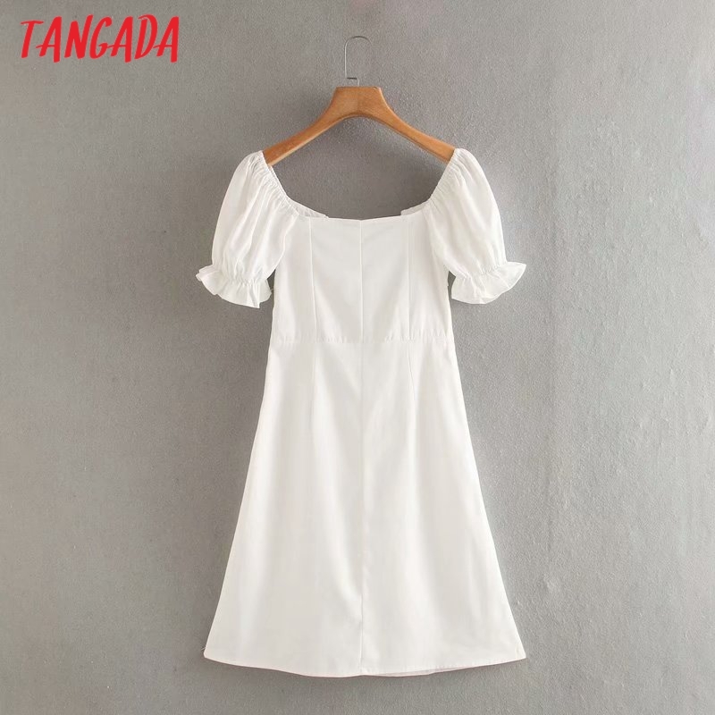 Summer Women White Bow Puff Short Sleeve Ladies Mini Dress Vestidos 4Y01 210416