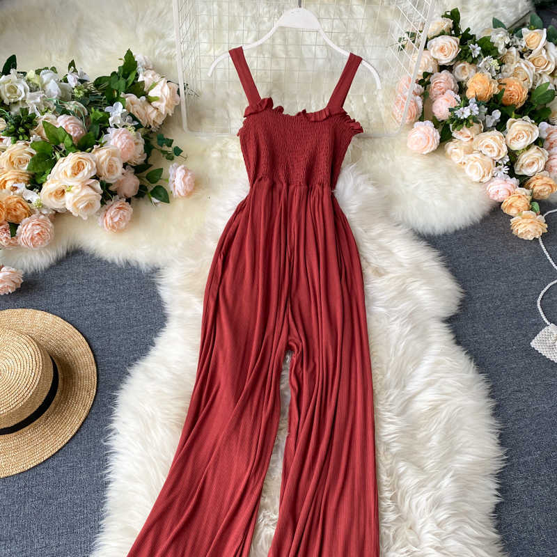 Women Jumpsuit Summer Elastic Pleated Waist Slimming Wide Leg Overalls L625 210527