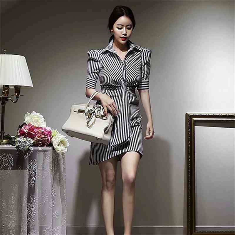 Fashion Women Stripe Shirt Dress Korea Temperament turn Down Collar Puff Sleeve High Waist Ruched Casual Mini 210519
