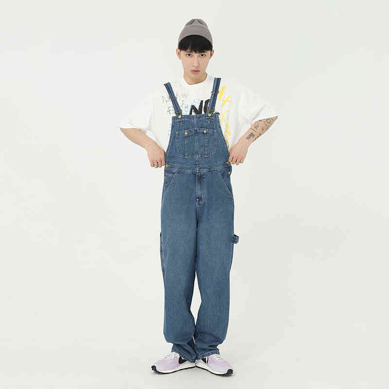 IEFB Men's Wear Spring Summer Loose Blue Overalls Front Single Big Pockets Denim Toursers Causal Jumpsuit Male 9Y5095 210524