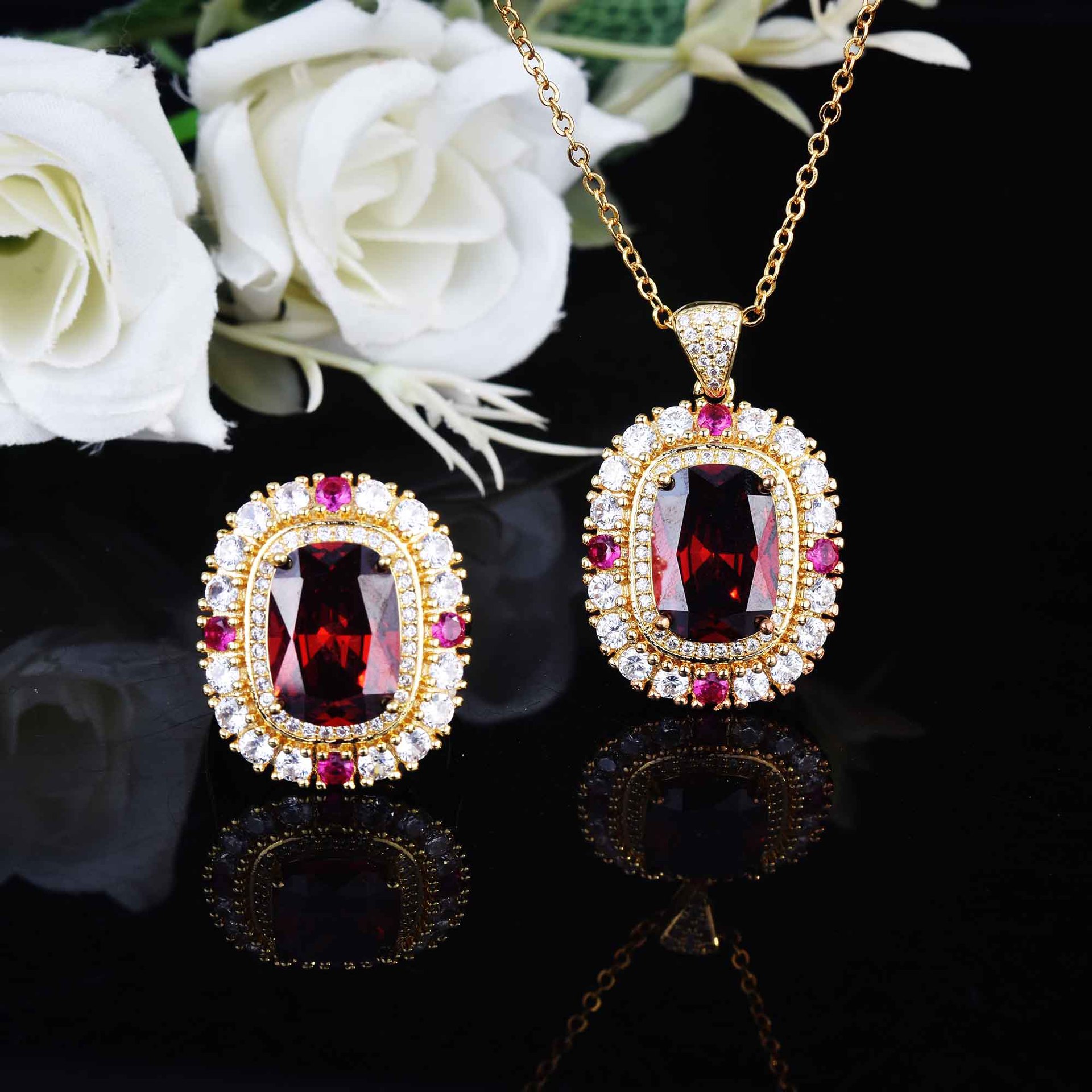 Vintage Topaz cz Jewelry set 925 Sterling Silver Engagement Wedding Rings Necklace For Women Bridal Party Gift