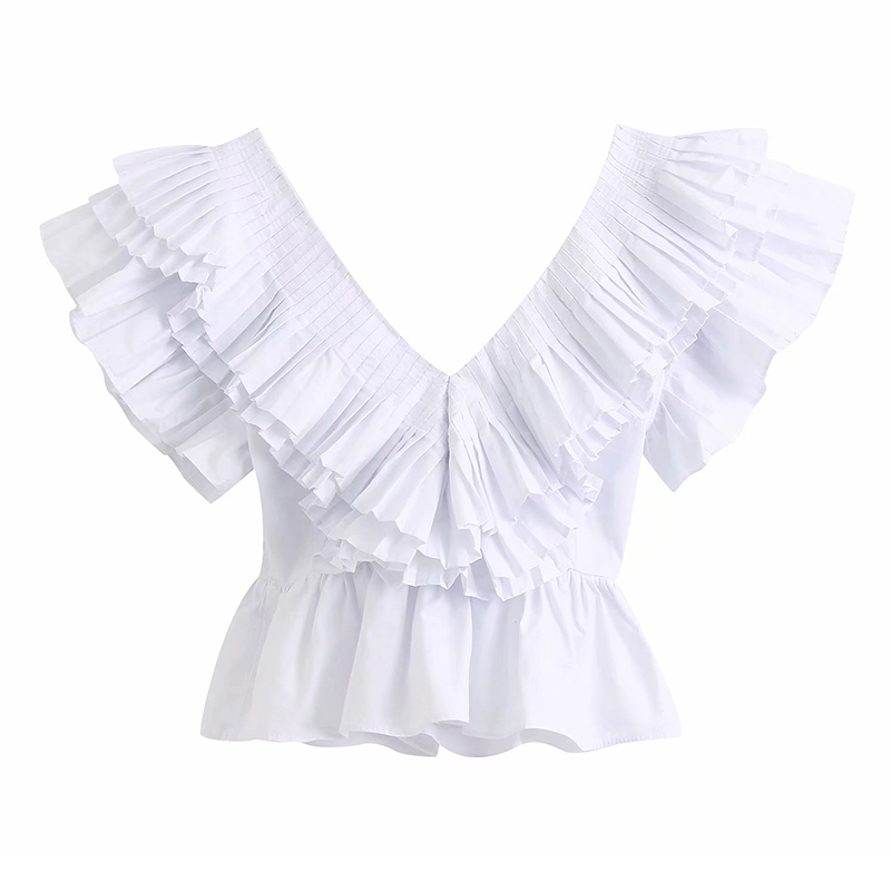 Deep V Neck Ruffles Blouse Women Sexy Backless White Shirt Sleeveless Holiday Beach Pleated Top Summer Camisas Mujer 210508