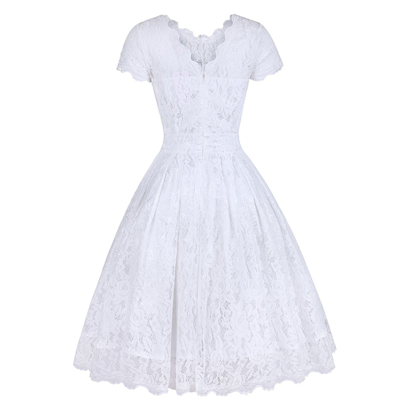 MISSJOY Vestido de festa Dress Button Backless Women Vintage Rockabilly Swing Elegant Bridesmaid A-Line Party White Lace Dress 210331Z