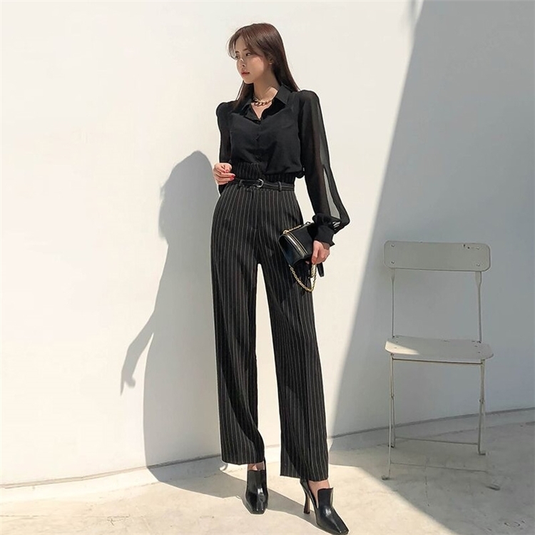 Colorfaith New Autumn Winter Women Pants Wide Leg High Waist Striped Lace Up Irregular Elegant Ankle-Length Trousers P3212 210413