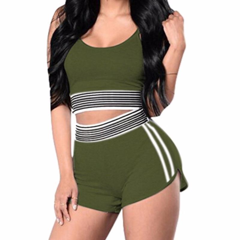 Women's Fashion Striped Sexy Sport Active Tank Top Shorts 2 Piece Female Set Tracksuit Sports Suit Jogging Femme Black Grey Two Dress
