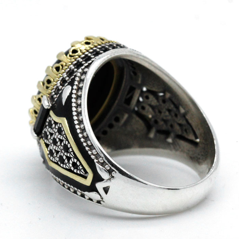 Natural Black Agate Stone for Men 925 Sterling Silver Golden Crown King Male Ring Vintage Turkish Handmade Jewelry Gift