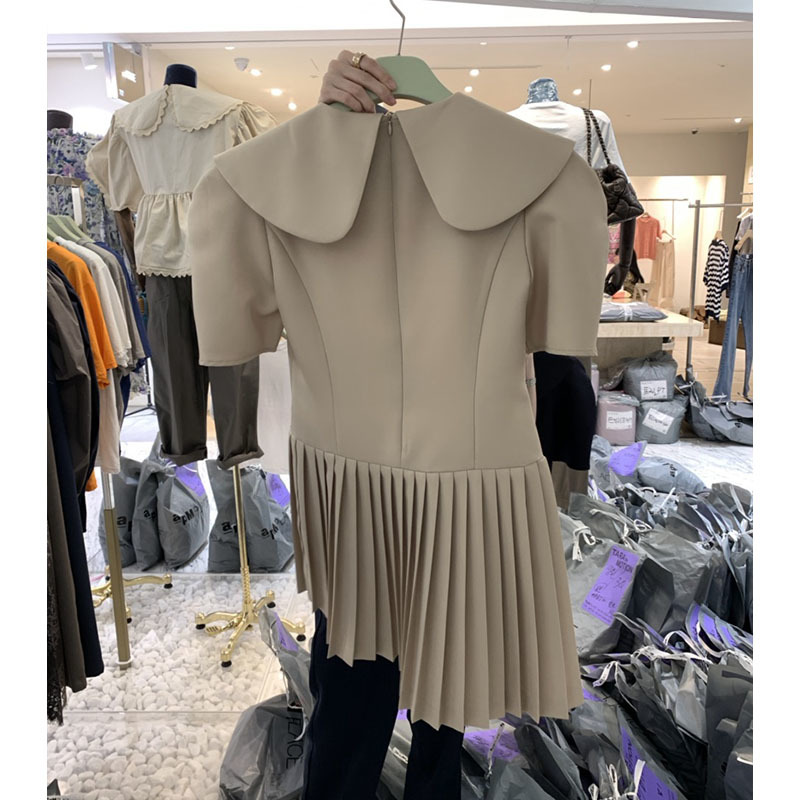 Women Casual Dress Summer Korean Chic Ladies Sweet Doll Collar High Waist Puff Sleeve Stitching Pleated Mini Dress Vestidos 210518
