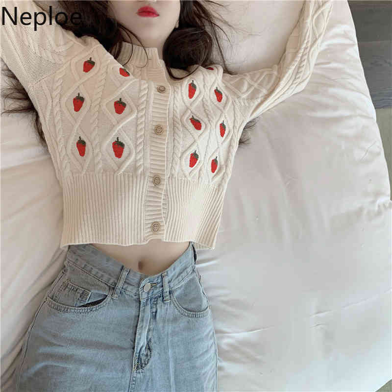 Neploe Sweater for Women Strawberry Crochet Floral Knitted Cropped Cardigan Fashion Korean Sueter Coat Fall Clothes Pull Femme 210422