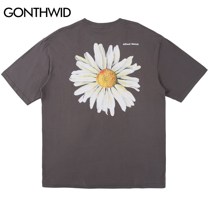 GONTHWID Harajuku Daisy Flower Print Tshirts Casual Streetwear Short Sleeve Tops Tees Men Hip Hop Fashion Summer T Shirts Male 210329