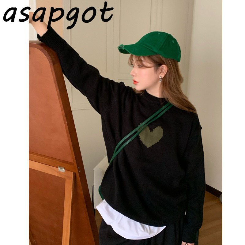 Black Bow Pullovers Knitted Sweater Women Casual Vintage O Neck Long Sleeve Loose Mid-length Print Love Heart Knitwear Tops Pull 210429
