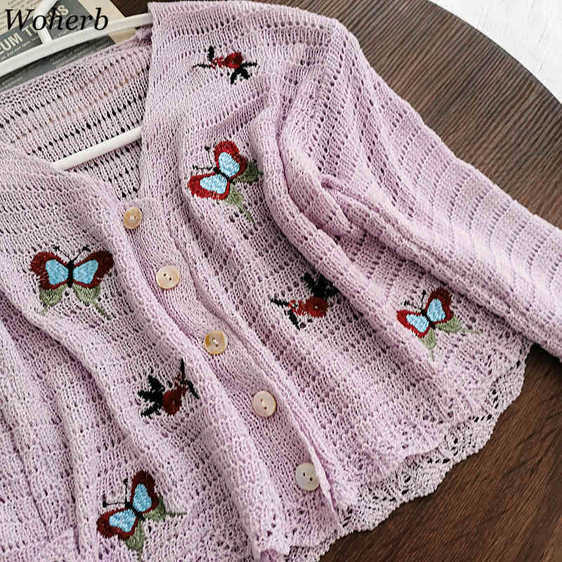 Elegant Summer Thin Holloe Out Cardigans Sweater Women V Neck Butterfly Embroidery Cropped Tops Lady Knitted Capes 210519