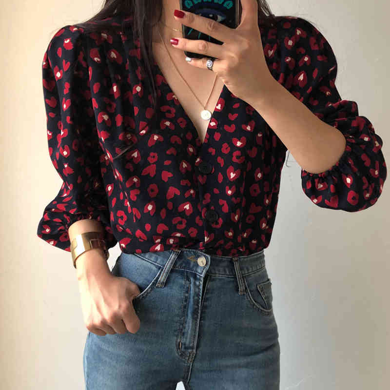 Shirts Women V Collar Office Blouse Heart Printed Tops and Blouses Vintage Elegant Blusas Femininas Summer 210519