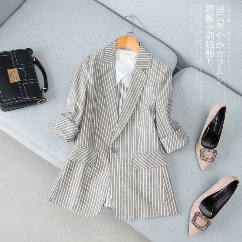 Linen suit female thin summer striped long sleeveone button slim cotton casual jacket 210930