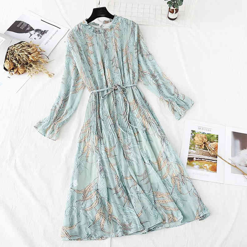 Vintage Long Sleeve Women Dress Spring Summer Floral Print Chiffon Pleated Dress Ruffled Long Dresses Plus Size Vestidos 210521