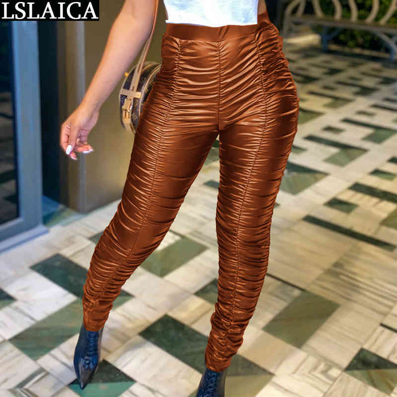 Woman Pants Fashion Pu Pleated High Waist Solid Plus Size Long Trousers Sexy Skinny Pencil Bodycon Casual Mujer Pantalones 210515