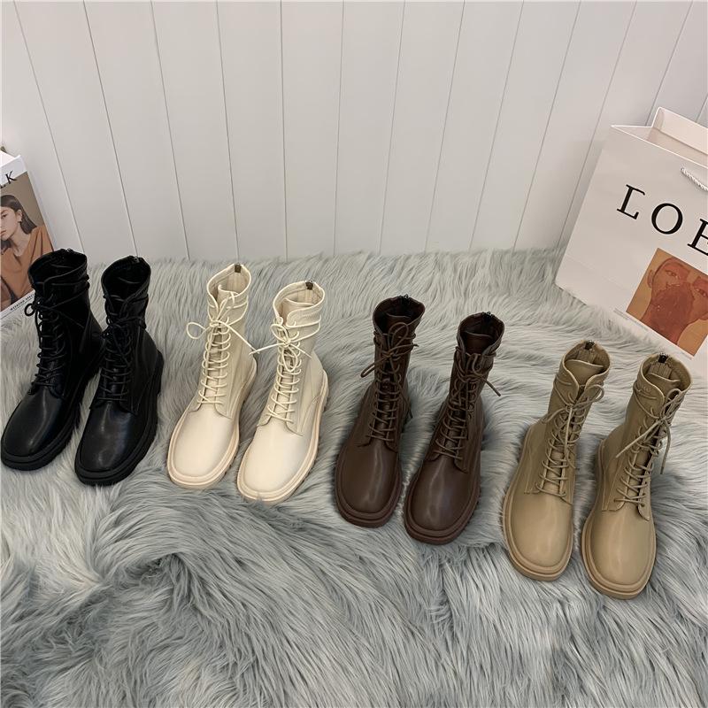 Boots Women's Shoes Autumn And Winter With Velvet Thick Bottom Milk White Square Head Small Short