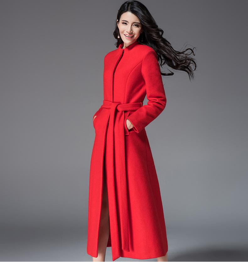 Women' Wool & Blends Womens Woolen Coat Red Black Wine Full X-Long Slim