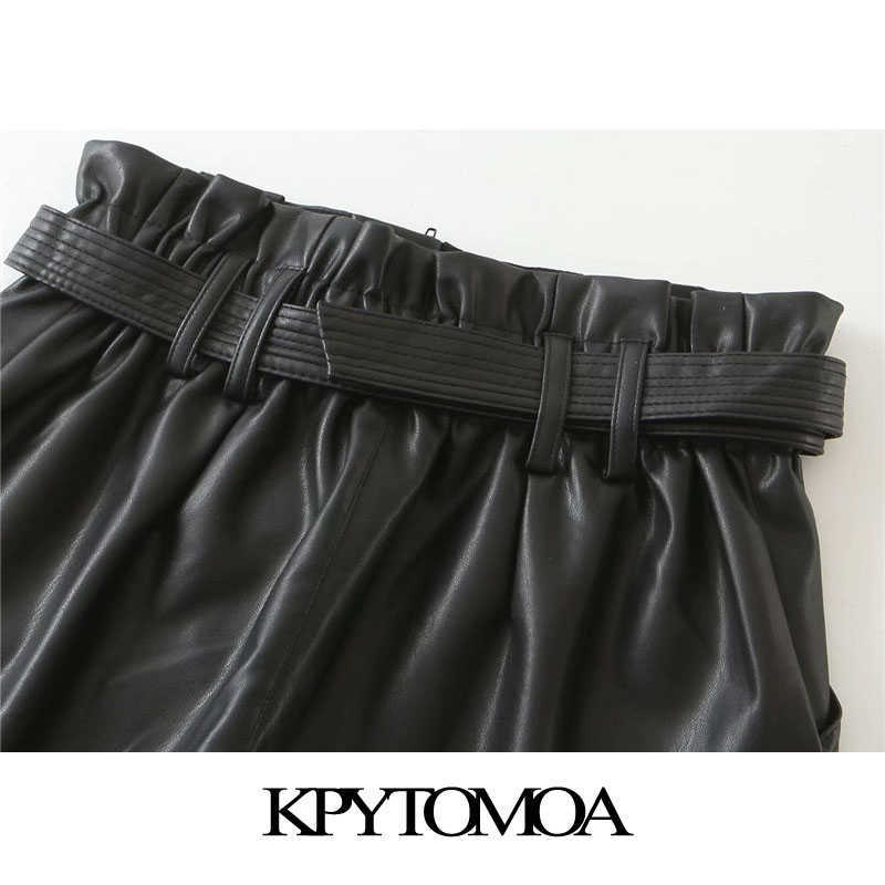 KPYTOMOA Women Chic Fashion With Belt Faux Leather Shorts Vintage High Waist Zipper Fly Pockets Female Short Pants Mujer 210714