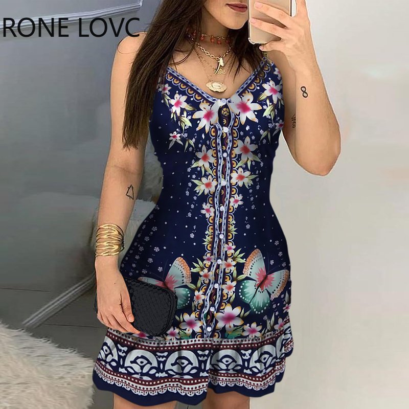 Women Sleeveless Bottoned Floral Butterfly Print Ruffles Dress Elegant Fashion Mini Dress Chic Dress, Navy blue
Women Sleeveless Bottoned Floral Butterfly Print Ruffles Dress Elegant Fashion Mini Dress Chic Dress, Navy blue