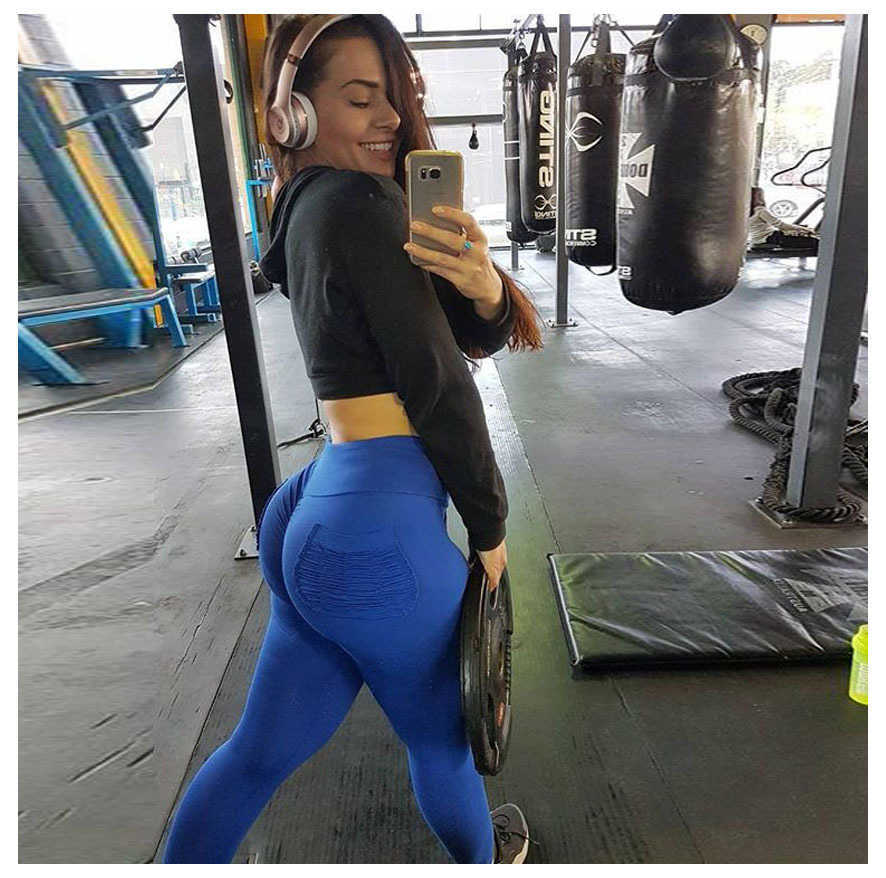 Gym Workout Ruched Butt Leggings Breathable Quick-drying Pleated Pocket Elastic Waist Skinny Pencil Pantalon Noir Femme 210604