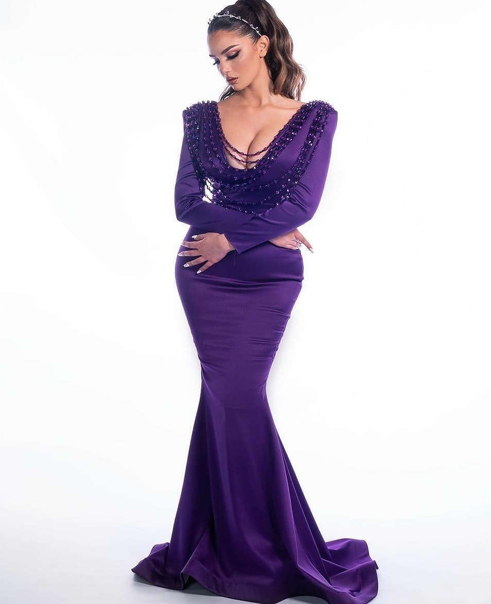 Sexy Prom Dress Crystal Beading V Neck Long Sleeve Mermaid Evening Gowns Sweep Train Special Occasion Dresses