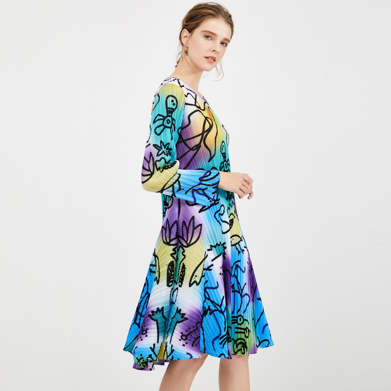 VKBN Summer Dress Long Sleeve Printing Elastic Elegant Dress Fold Abstract Creative O Neck Vestidos De Fiesta 210507