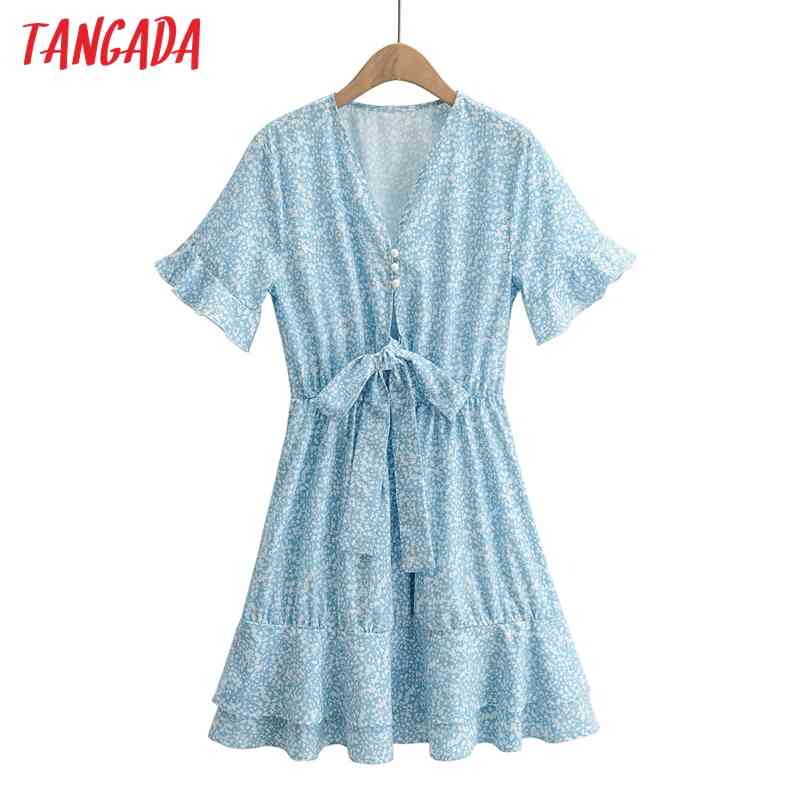 Summer Women Blue Floral Bow V Neck Short Sleeve Ladies Mini Dress Vestidos 1F115 210416