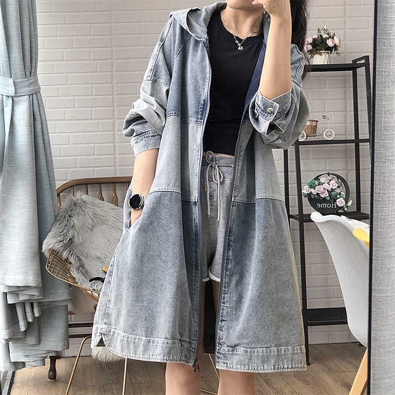 Korean Medium-length Denim Windbreaker Women Loose Autumn Fashion Hooded Trench Coat 210615