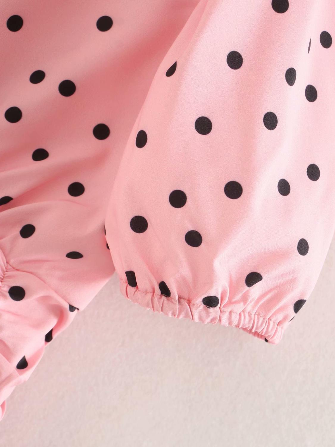 Retro V-neck Slimming Pleated Pink Dot Short Sleeve Chic Female Shirt Harajuku Sweet Navel Casual Holiday Party Women's Tops 210507