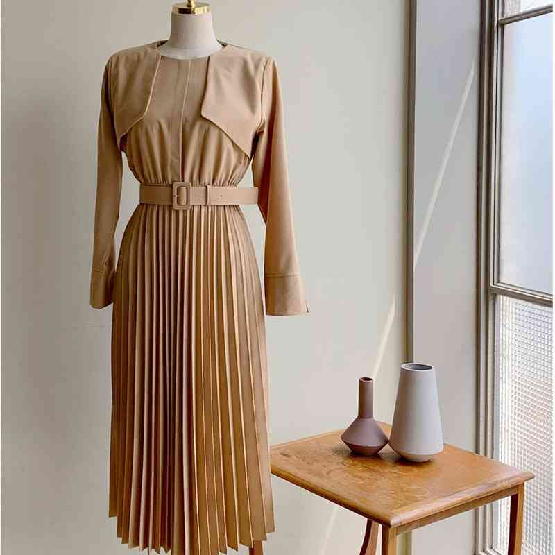 Vintage Elegant Belted Women Dresses Slim Waist Office Ladies Pleated Female Vestidos Autumn 210520