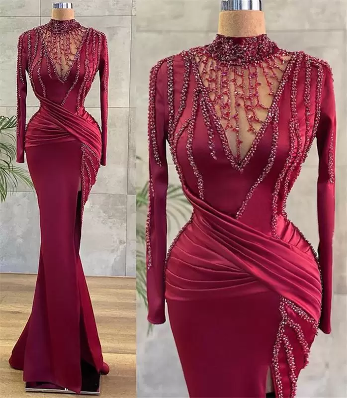 2022 Dark Red Crystals Mermaid Evening Dresses Side Slit High Neck Satin Ruffles Long Sleeves Custom Made Plus Size Formal Prom Party Gown Wear Vestidos, Hunter
2022 Dark Red Crystals Mermaid Evening Dresses Side Slit High Neck Satin Ruffles Long Sleeves Custom Made Plus Size Formal Prom Party Gown Wear Vestidos, Hunter