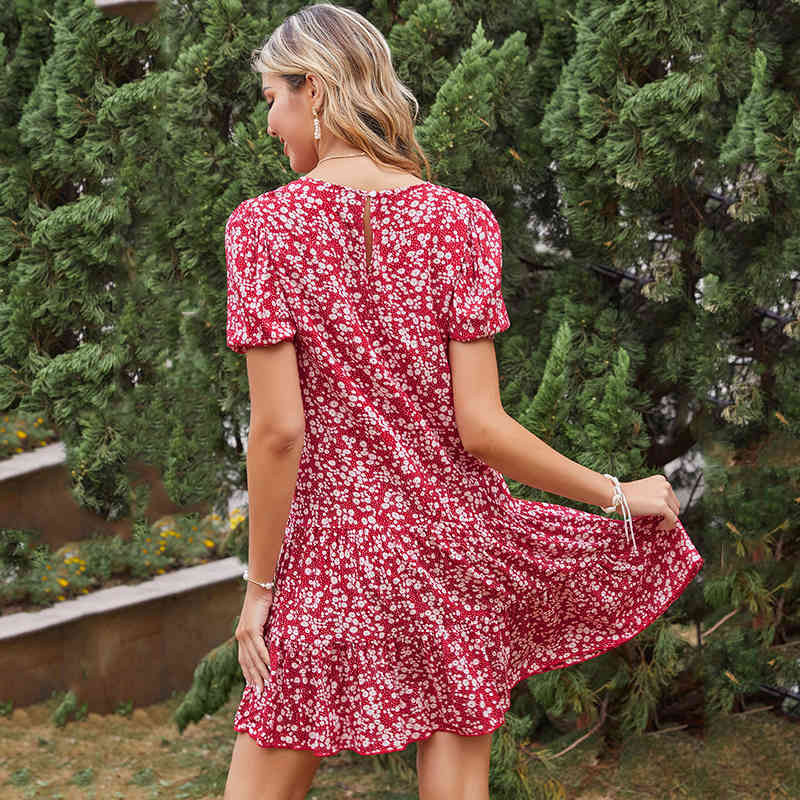 Foridol Floral Print Red Dress Women Casual A-line Summer Dress Oversized Beach Short Vintage Boho Dress Plus Size 210415